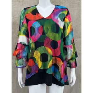 Caleooa Top Womens Medium Black Circles Stretch Tunic Colorful Ruffles Artsy